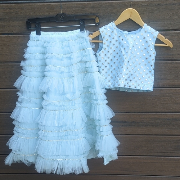 Kids Indian Light Blue Ruffled Mirror  Lengha Set Size 6-7 Great Condition - Picture 1 of 4